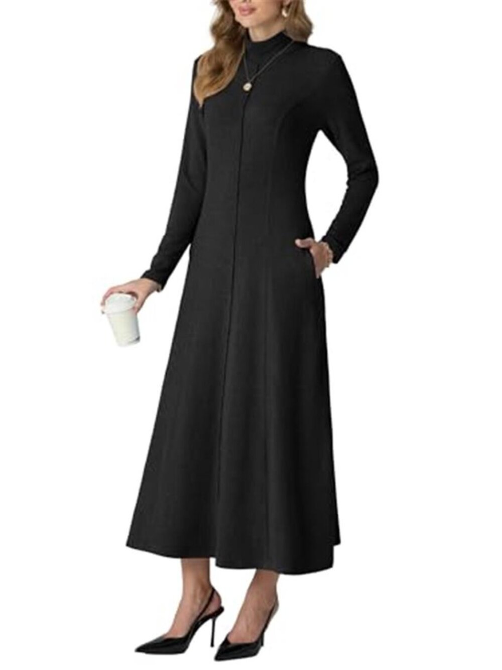Women's Spring Fall Casual Mock Neck Long Sleeve Flared Maxi Sweater
